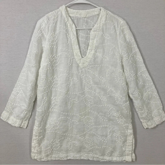 120% Lino White Y Neck Linen Side Slit Embroidered Dot Blouse size US 10 - Picture 1 of 12